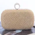 Elegant gold rhinestone evening clutch bag with creative ring handle for wedding and party. - Gold