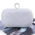 Sparkling crystal rhinestone evening clutch bag with elegant ring handle for women party wedding. - Silver