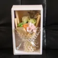 Detailed view of a soap flower bouquet with roses and carnations in a white gift box - Sakura Champagne Rose Dried Flower Set / Champagne