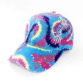 Colorful tie-dye print baseball cap detail, casual summer sun protection hat for outdoor wear. - Blue Tone Splash Tie Dye Style (07) / One Size