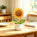 Beautiful handmade crochet sunflower in white pot on wooden table for home decoration gift - Five-Petal Sunflower Potted Plant