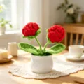 Beautiful handmade red crochet rose potted flower ornament for warm home desk decoration - Double-Head Rose Potted Plant / Red