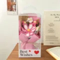 Crocheted cosmos flower bouquet gift box, handmade knitted floral gift for teachers and lovers. - Gelsang Flower Bouquet + 4 Puff Flowers + Handheld Gift Box / Rose Red