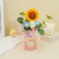 Handgemachte gehäkelte Sonnenblume Blumenstrauß Geschenk für Lehrer Feiertag Dekoration - Blaue Sonnenblume + Verpuffungsblume (Runder Box Satz)