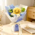 Handmade crochet sunflower flower bouquet for graduation mother teacher day gift knitted wool. - Bouquet with Tote Bag / Blue (Large Smiley Sunflower + Puff Bouquet)