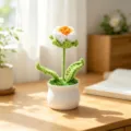 Handmade white crochet flower in white pot on wooden desk for aesthetic home decor - Single-Head Gradient Rose Potted Plant / Yellow