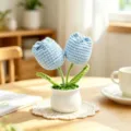 Close-up of handmade blue crochet tulip potted plant for home desktop decoration - Double Head Tulip - Blue
