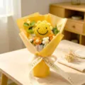 Handmade crochet sunflower bouquet yellow yarn knitted flower gift graduation present - Bouquet with Tote Bag / Orange (Large Smiley Sunflower + Puff Bouquet)