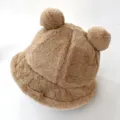 Detailed view of the soft plush fabric and bear ear design on the winter bucket hat. - Adult 55-58cm / Khaki