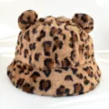 Close-up detail of the plush leopard print fabric and cute bear ears on winter hat - Adult 55-58cm / Leopard Print