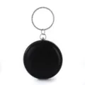 Elegant black circular PU leather clutch bag with rhinestone-encrusted metal ring handle - Black