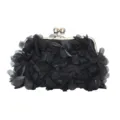 Elegant black evening clutch bag with 3D fabric flowers and gold kiss-lock closure. - Black
