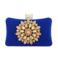 Royal blue suede evening clutch bag with golden rhinestone sunflower decoration - 20cm x 6cm x 12cm / Sapphire Blue