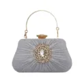 Elegant silver glitter evening clutch bag with central rhinestone flower and gold handle - Silver