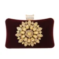 Elegant burgundy velvet evening clutch bag with sparkling golden rhinestone sunflower detail - 20cm x 6cm x 12cm / Burgundy