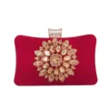 Elegant red suede evening clutch with sun flower rhinestone embellishment for parties - 20cm x 6cm x 12cm / Rose Red