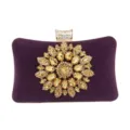 Elegant purple suede evening clutch with golden rhinestone sunflower for formal parties - 20cm x 6cm x 12cm / Purple