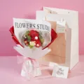 Handmade crochet rose flower bouquet detail with glowing lights inside transparent bobo balloon. - Red (With Light & Bag)