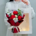 Handmade crochet rose flower bouquet detail shot, exquisite knitted floral gift for romantic occasions. - Red - 3 Red Roses + 5 Daisies + Bag + Light