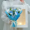 Handmade crochet blue flower bouquet knitted rose gift for Valentine Day party home decor. - Blue Gradient - 3 Red Roses + 5 Daisies + Bag + Light