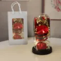 Gros plan détaillé de l'œillet rouge conservé sous cloche en verre avec guirlande LED. - Oeillet Rouge