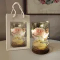 Luminous glass wishing bottle with dried flower bouquet and gift bag for romantic gifts. - Wood Cork Glass Mini Bouquet (8x12) / Pink Carnation