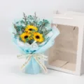 Bouquet de fleurs séchées tournesol artificiel ensemble cadeau avec ruban et sac cadeau. - 3 tournesols avec gypsophile, sac et carte pour enseignant (avec lumière) / Bleu
