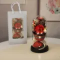 Vue détaillée de la cloche en verre rose éternelle avec guirlande lumineuse LED et sac. - Rose rouge