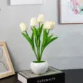 Flor de tulipán artificial luz de noche planta en maceta base de cerámica decoración - 5 Blanco Crema-Batería (Con Bolsa De Lona)