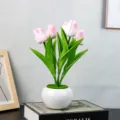 Lámpara noche tulipán tarro cerámica flor artificial lámpara ambiente escritorio regalo - 5 Rosa Cambio-Batería (Con Bolsa De Lona)