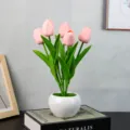 Luz nocturna de tulipán rosa con maceta de cerámica blanca, lámpara de escritorio romántica regalo. - 5 Rosa-Batería (Con Bolsa De Lona)