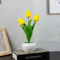 Luz nocturna de tulipán artificial en maceta de cerámica, hermosa lámpara de mesa regalo. - 3 Amarillo-Batería (Con Bolsa De Lona)