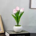 Artificial tulip night light ambient light ceramic pot desktop small desk lamp decoration - 3 Pink Shift-Battery (With Tote Bag)