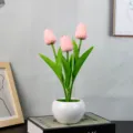 Pink tulip night light in white ceramic pot, cute desktop ambient lamp for home decor. - 3 Pink-Battery (With Tote Bag)