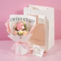 Handmade crochet rose flower bouquet inside bobo balloon with LED lights for romantic gifts. - Pure Pink (With Light & Bag)