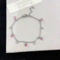 Silver-toned chain bracelet with pink translucent beads and clear crystals - Pink Style (R0909)