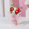 Handgemaakte gehaakte bloemen boeket in roze emmer als cadeau voor docenten en feestdagen. - Emmer voor Dag van de leraar met 5 rode gehaakte puff-bloemen