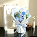 Elegant handcrafted blue knitted flower bouquet gift set including bag and greeting card - Blue Tulip, Heart, Rose, Gift Bag