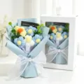 Handmade knitted blue and yellow flower bouquet with white gift box presentation - 5 Blue Woolen Flowers Bouquet / Gift Box / Blue