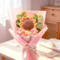 Handcrafted crochet sunflower bouquet, ideal for graduation and mother's day gift. - Pink (Large Sunflower + Puff Bouquet)
