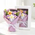 Handmade crochet flower bouquet gift box in purple and yellow with ribbon and pearl - 5 Purple Woolen Flowers Bouquet / Gift Box / Purple
