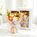 Handmade knitted yarn flower bouquet in peach wrapping paper with premium white gift box - Orange