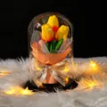 Tulipanes amarillos eternos en cúpula de cristal con luces LED - 大罩子郁金香-黑木底 / 玻璃罩款(含泡沫 礼盒 灯 贺卡) / Rojo Atardecer