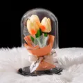 Lámpara de tulipanes artificiales en cúpula de vidrio sobre piel blanca - 大罩子郁金香-黑木底 / 玻璃罩款(含泡沫 礼盒 灯 贺卡) / Champán