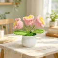 Hand-crocheted pink tulip potted plant on a lace table runner, cozy home decor gift. - 3-Head Lily of the Valley - Pink