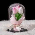 Elegante lámpara de cúpula de cristal con tulipanes rosas y blancos para decoración - 大罩子郁金香-黑木底 / 塑料罩款(含礼盒 灯 贺卡) / Rosa y Blanco