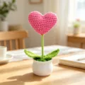Handmade crocheted pink heart flower pot for home or desk decoration - Heart-Shaped Potted Plant - Rose Red
