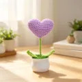 Purple handmade crochet heart flower in white pot, charming desk ornament and gift - Heart-Shaped Potted Plant - Purple