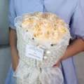 Chanel style artificial soap rose bouquet with tweed wrapping pearls and lace for gifts. - Champagne
