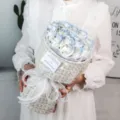 Elegant tweed soap rose bouquet with pearl chain, romantic gift for Valentine's Day. - Ice Blue